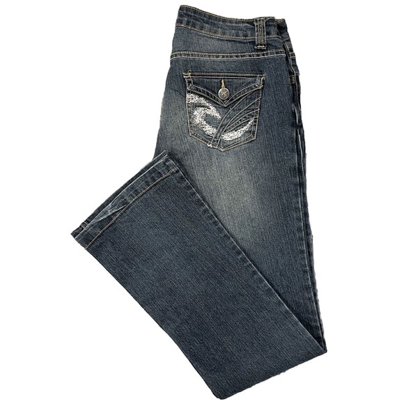 Women’s Distressed Bootcut Jeans Size 28 Riley + James Dark Wash Embroidered - Picture 1 of 16